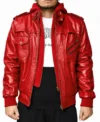 Mens Red Hooded Leather Bomber Jacket fromt