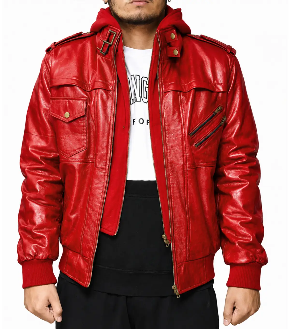 Mens Red Hooded Leather Bomber Jacket fromt