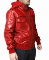 Mens Red Hooded Leather Bomber Jacket front side pose