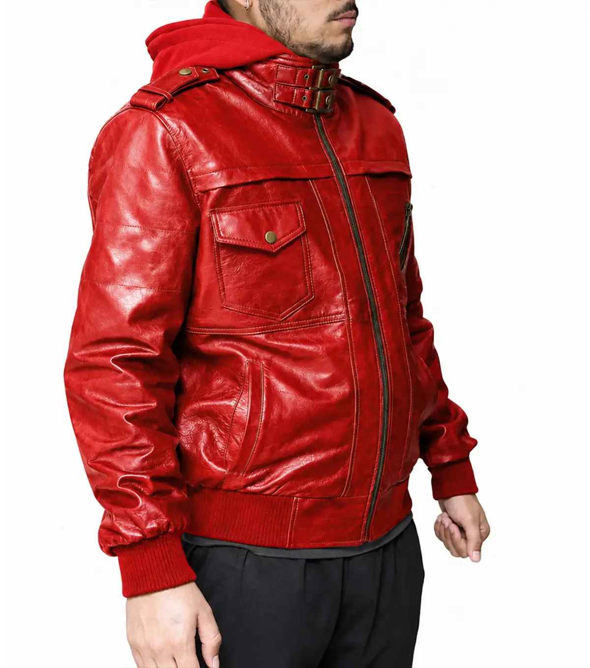 Mens Red Hooded Leather Bomber Jacket front side pose