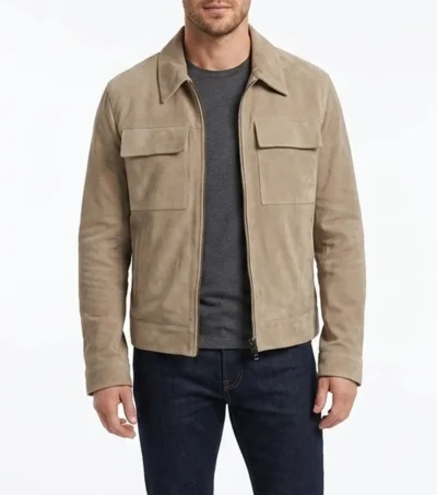 Mens Sand Zip Suede Shirt Jacket