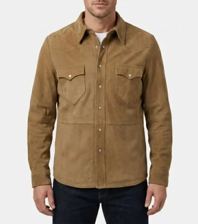 Mens Tan Brown Western Yoke Suede Shirt Leather Jacket