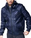 Shop Mens Blue Hooded Leather Bomber Jacket