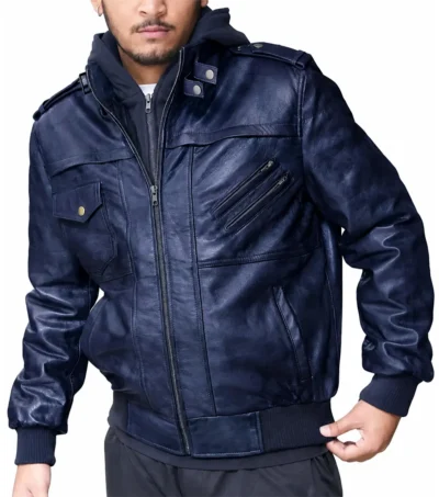 Shop Mens Blue Hooded Leather Bomber Jacket