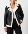 Womens Black Aviator Leather Jacket with Cream Shearling Trim