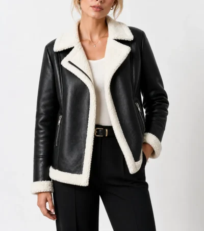 Womens Black Aviator Leather Jacket with Cream Shearling Trim