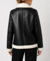 Womens Black Aviator Leather Jacket with Cream Shearling Trim back