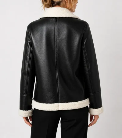 Womens Black Aviator Leather Jacket with Cream Shearling Trim back
