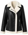 Womens Black Aviator Leather Jacket with Cream Shearling Trim front