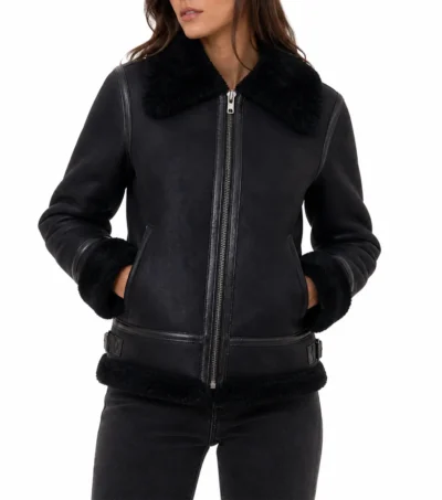 Womens Black B3 Aviator Shearling Leather Jacket