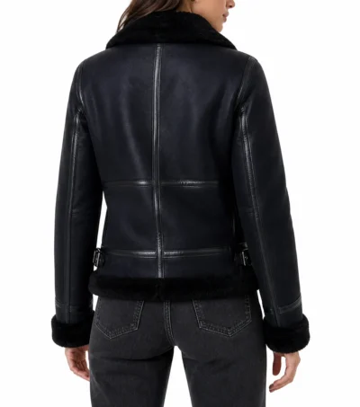 Womens Black B3 Aviator Shearling Leather Jacket back full view