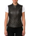Womens Black Banded Collar Leather Motorcycle Vest