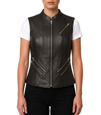 Womens Black Banded Collar Leather Motorcycle Vest