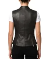 Womens Black Banded Collar Leather Motorcycle Vest back