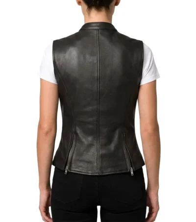 Womens Black Banded Collar Leather Motorcycle Vest back