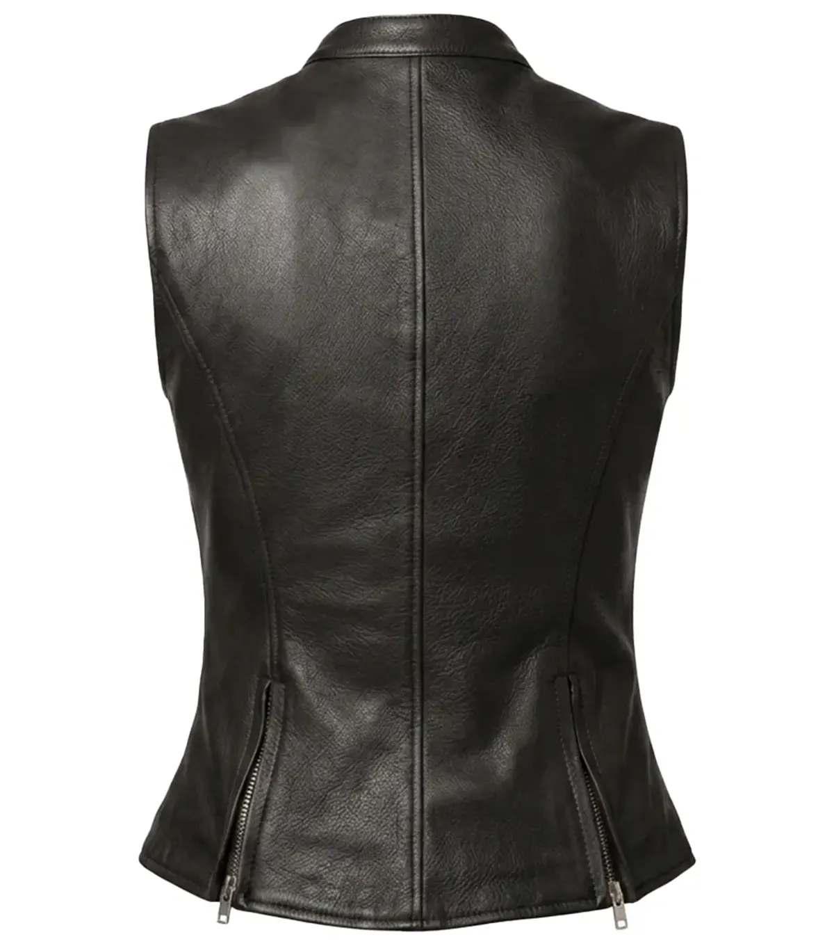 Womens Black Banded Collar Leather Motorcycle Vest back view
