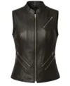Womens Black Banded Collar Leather Motorcycle Vest front