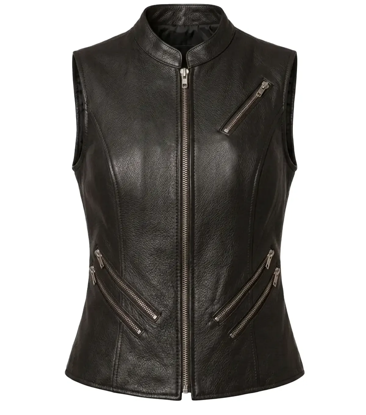 Womens Black Banded Collar Leather Motorcycle Vest front