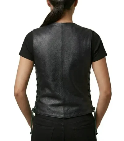 Womens Black Rhinestone Leather Motorcycle Vest back