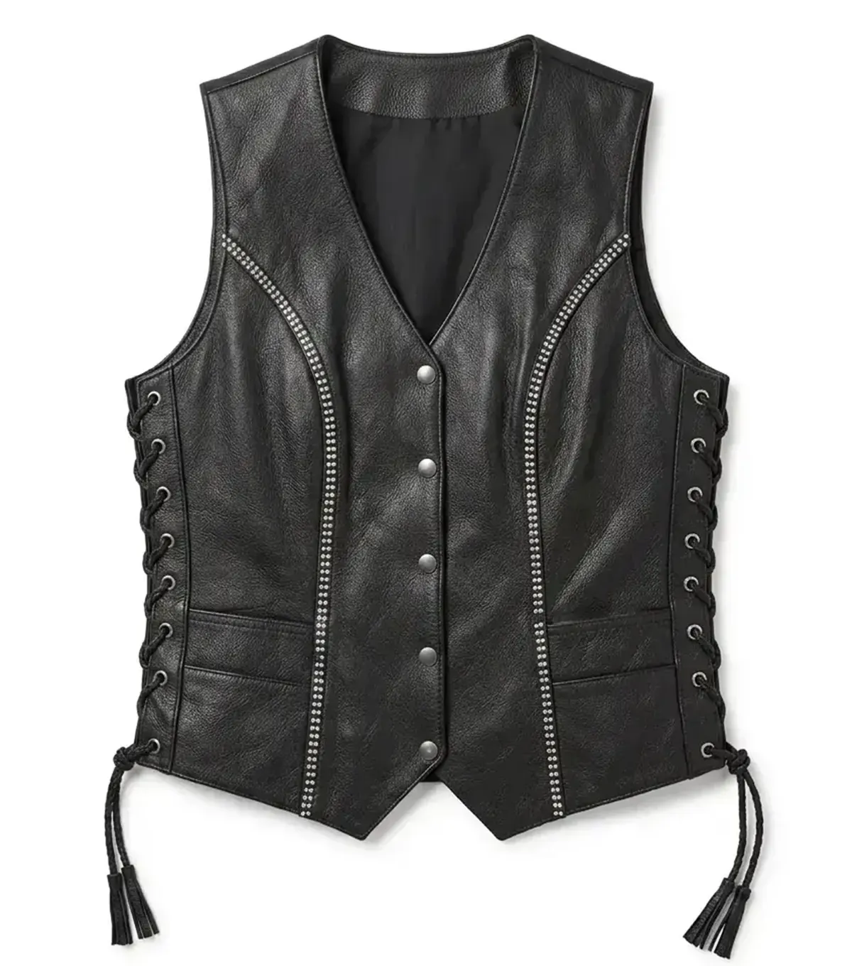 Womens Black Rhinestone Leather Motorcycle Vest front