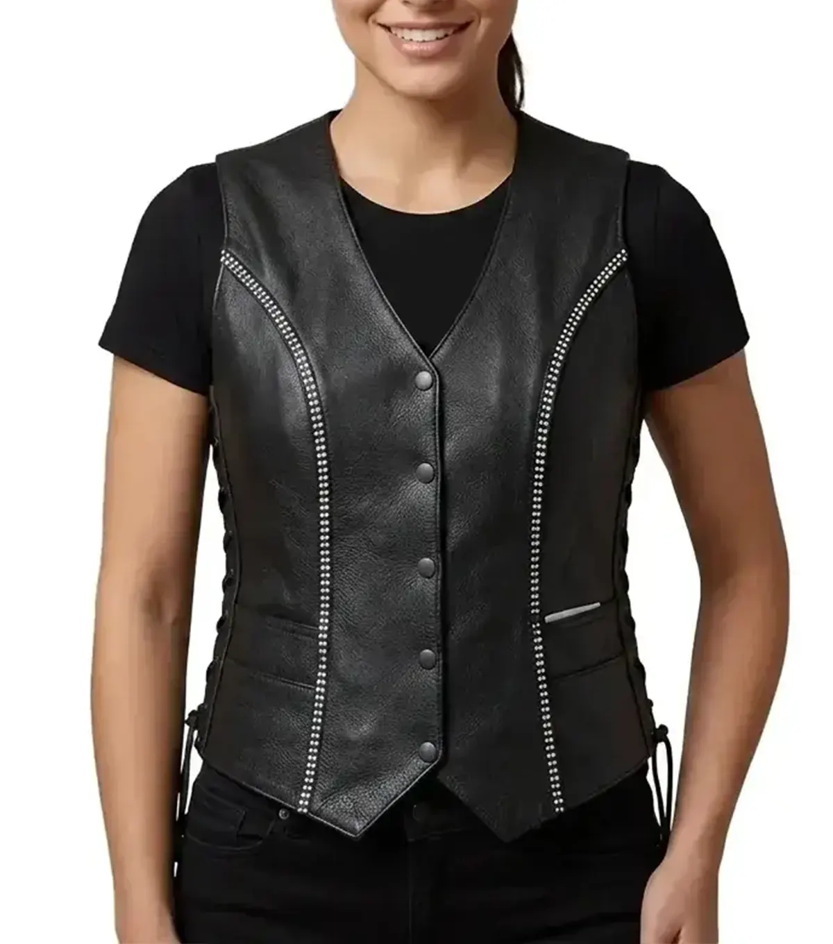 Womens Black Rhinestone Leather Motorcycle Vest