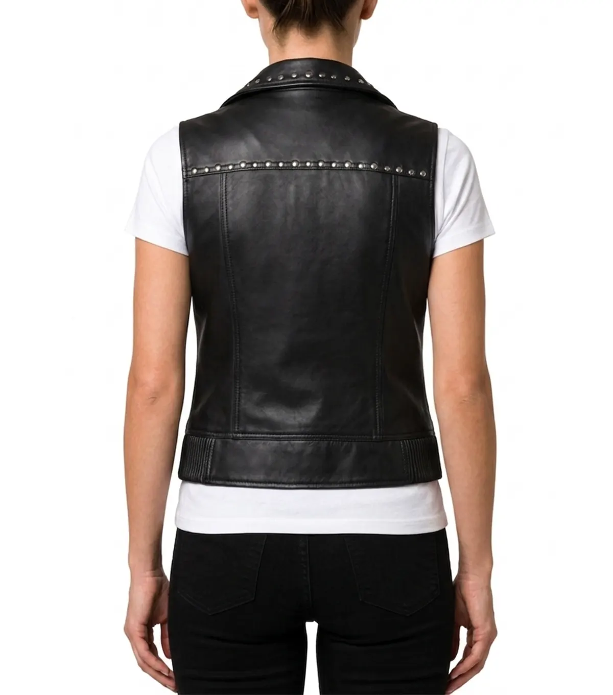 Womens Black Silver Studded Collar Biker Leather Vest BACK VIEW