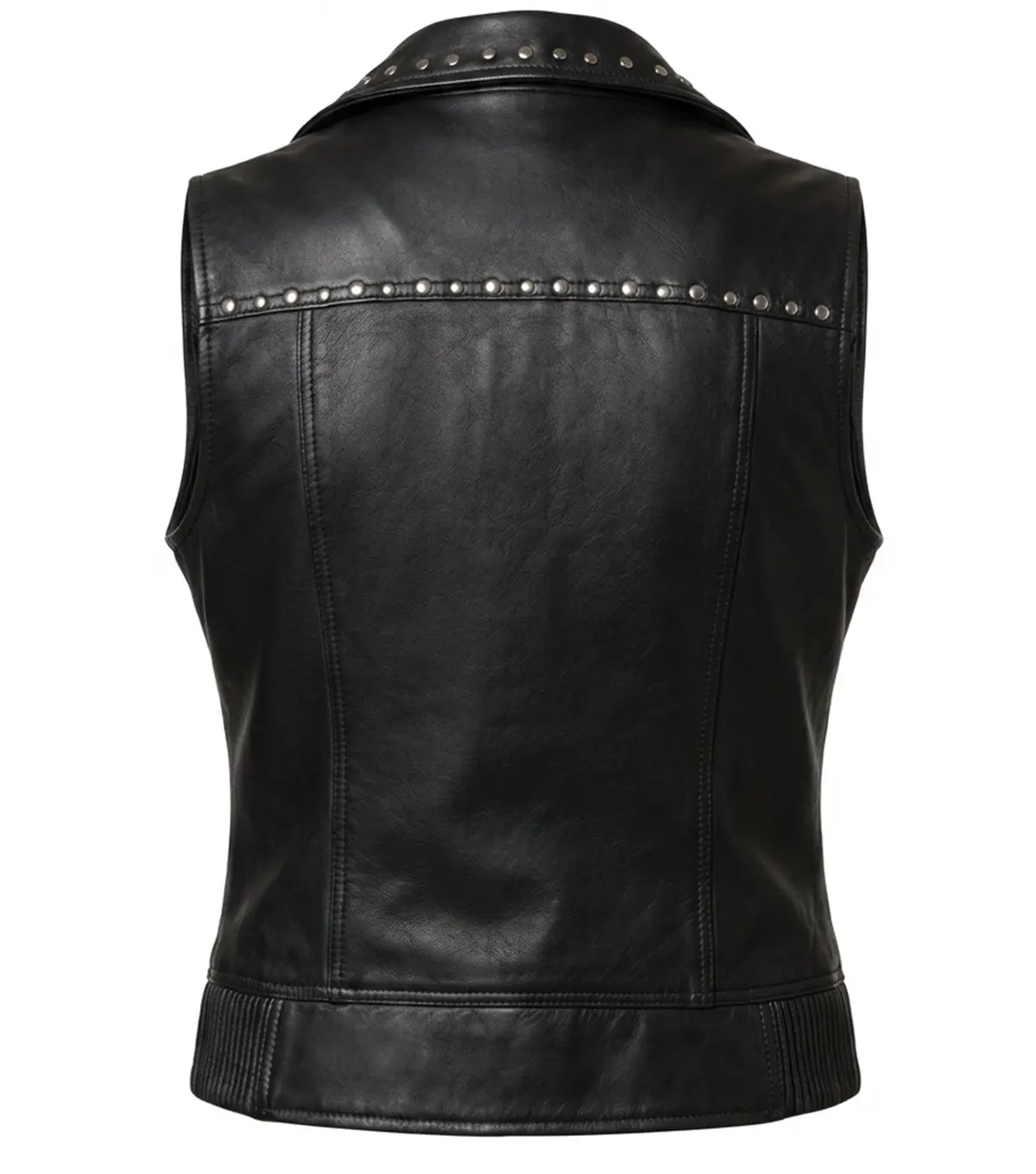 Womens Black Silver Studded Collar Biker Leather Vest BACK