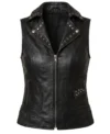 Womens Black Silver Studded Collar Biker Leather Vest FRONT