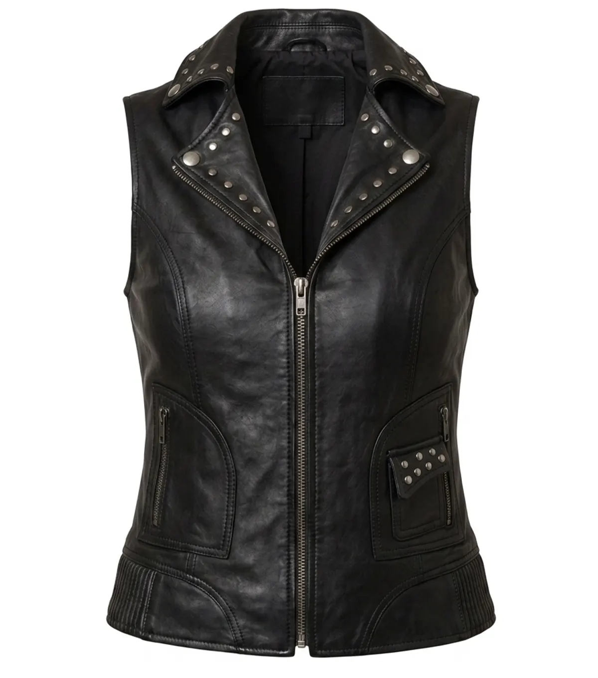 Womens Black Silver Studded Collar Biker Leather Vest FRONT