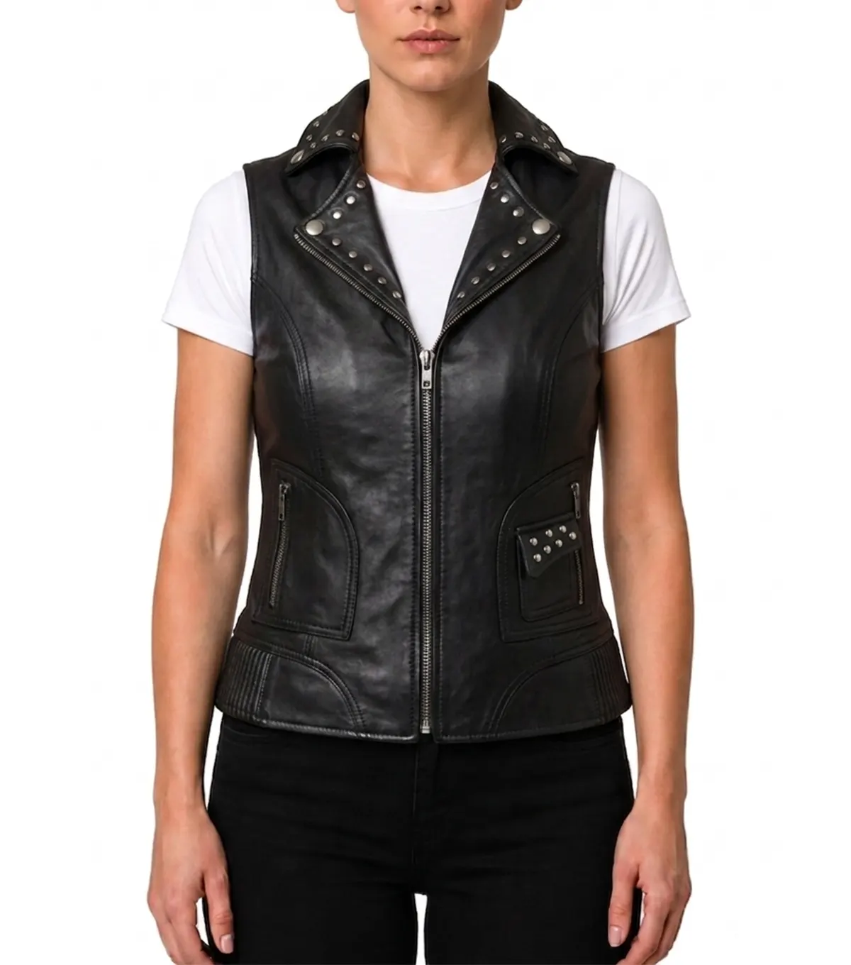 Womens Black Silver Studded Collar Biker Leather Vest