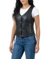 Womens Black Snap Button Lace Up Leather Biker Vest