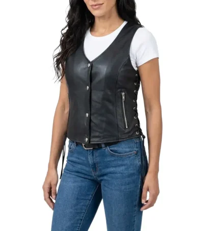 Womens Black Snap Button Lace Up Leather Biker Vest