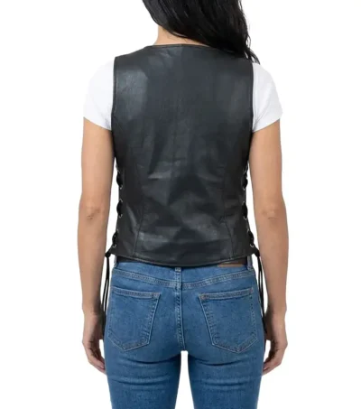 Womens Black Snap Button Lace Up Leather Biker Vest back