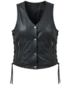 Womens Black Snap Button Lace Up Leather Biker Vest front