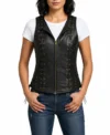 Womens Black Studded Lace Up Leather Motorcycle Vest