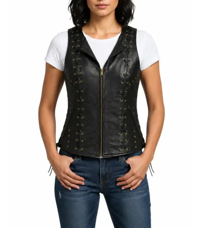 Womens Black Studded Lace Up Leather Motorcycle Vest