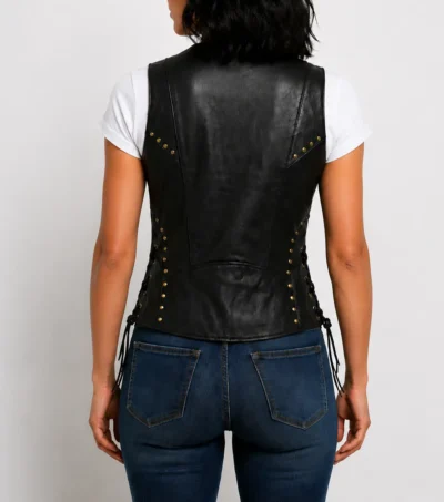 Womens Black Studded Lace Up Leather Motorcycle Vest back view