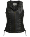 Womens Black Studded Lace Up Leather Motorcycle Vest front