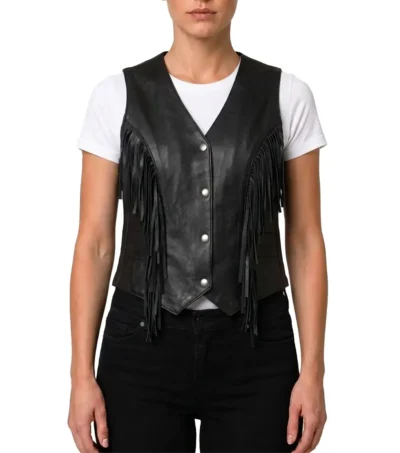 Womens Black Western Fringe Leather Motorcycle Vest