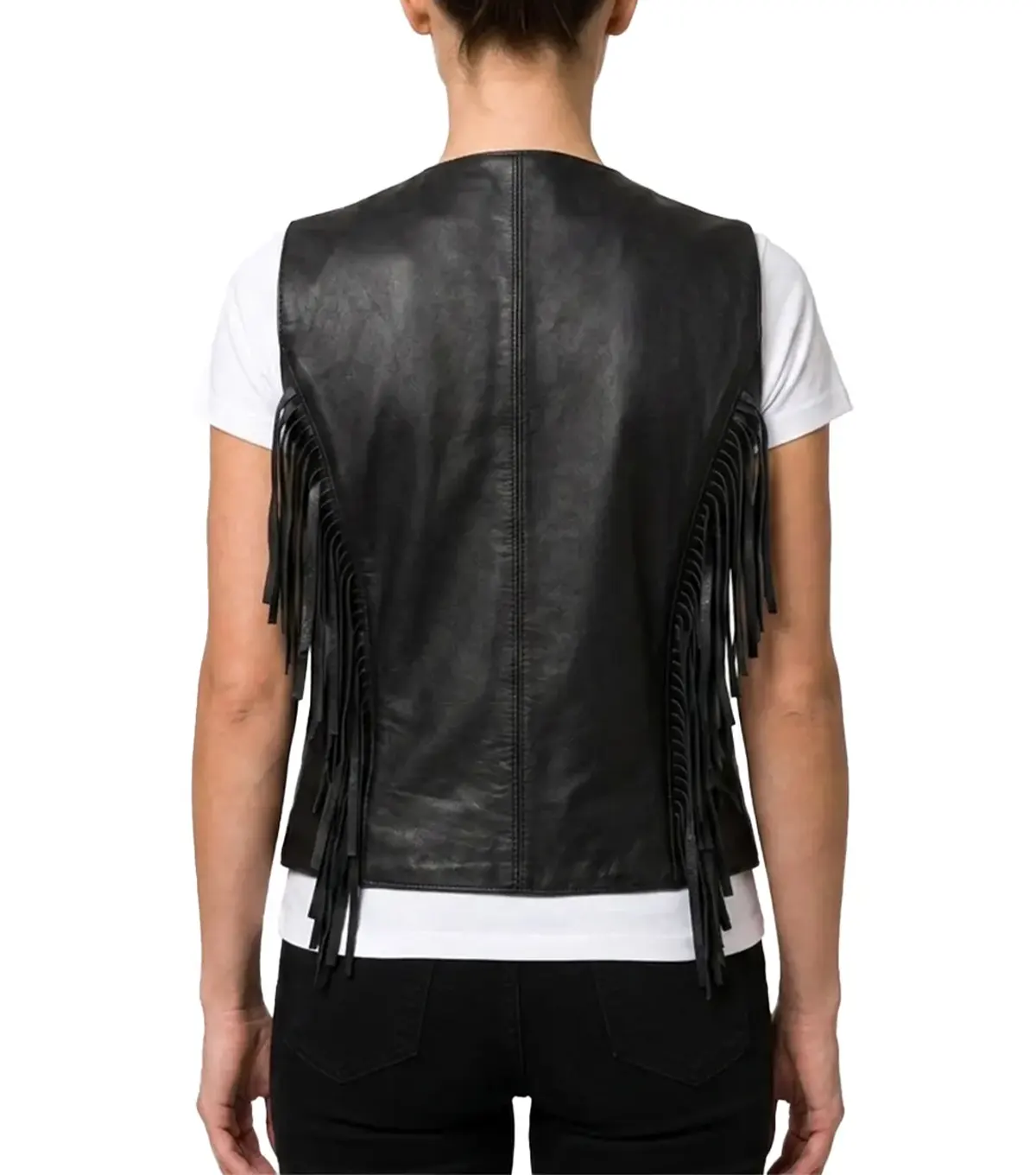 Womens Black Western Fringe Leather Motorcycle Vest back view