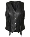 Womens Black Western Fringe Leather Motorcycle Vest front