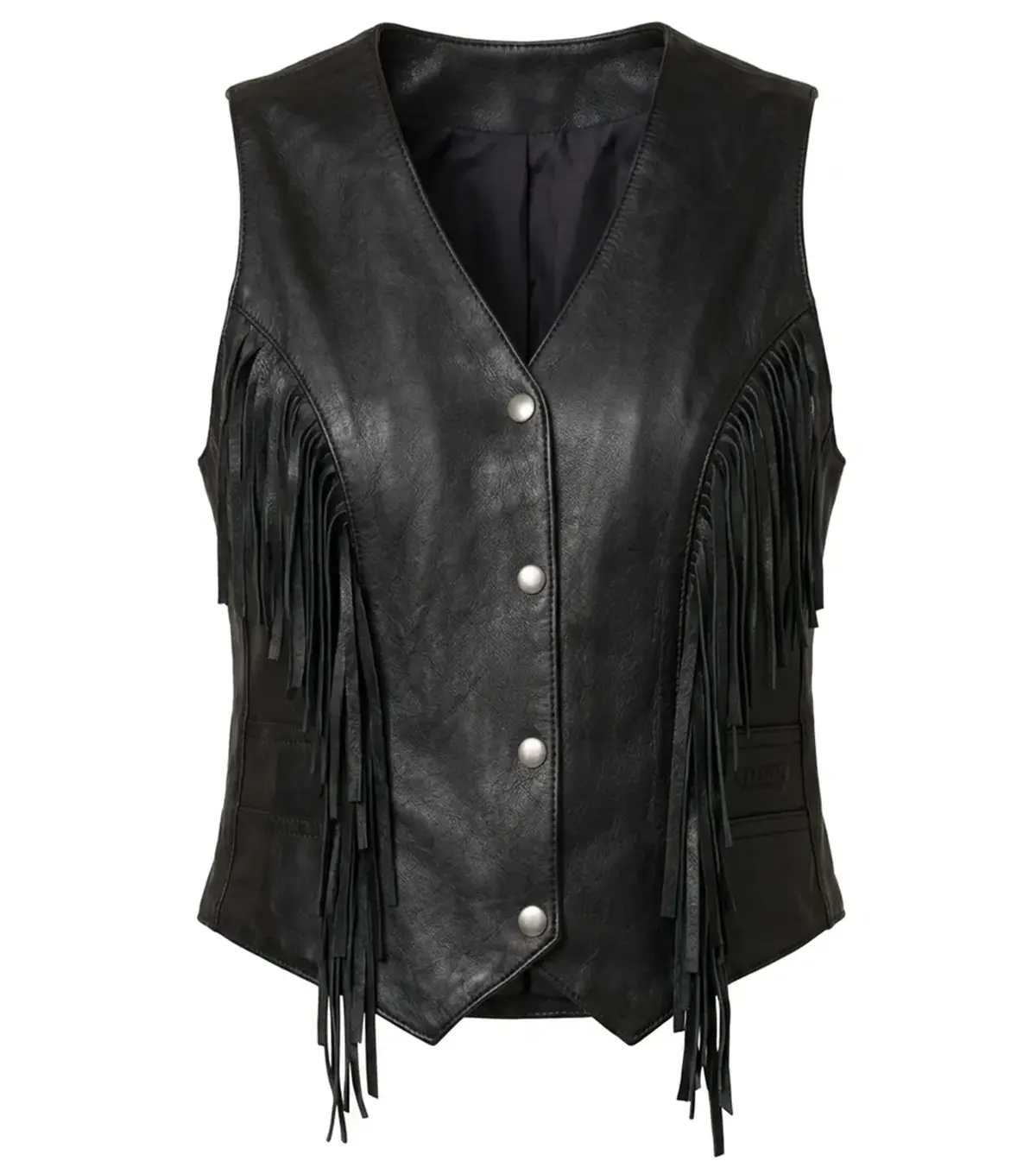 Womens Black Western Fringe Leather Motorcycle Vest front
