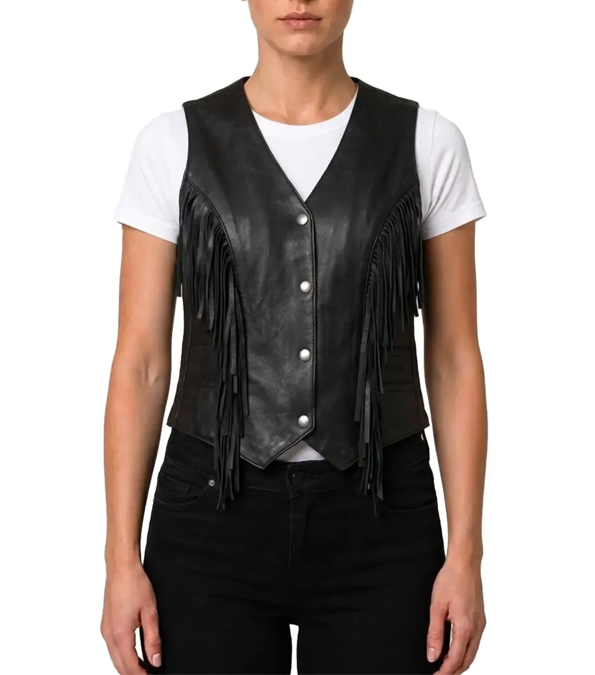 Womens Black Western Fringe Leather Motorcycle Vest