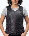 Womens Black and Purple Quilted Fringe Motorcycle Leather Vest