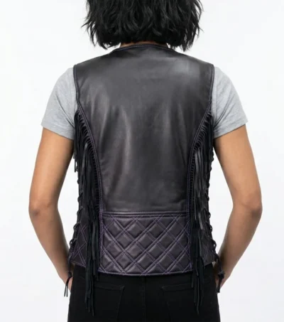 Womens Black and Purple Quilted Fringe Motorcycle Leather Vest back view