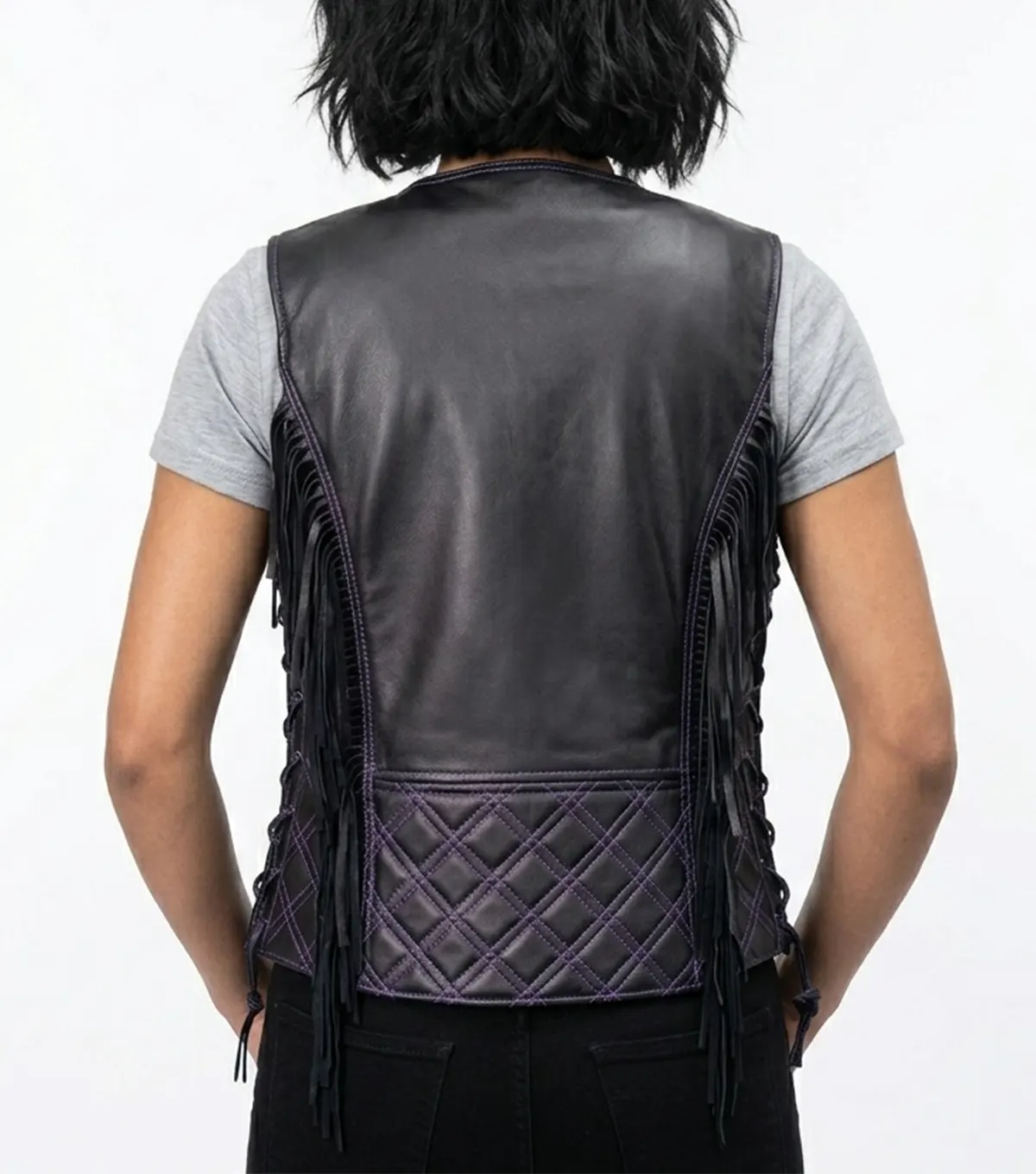 Womens Black and Purple Quilted Fringe Motorcycle Leather Vest back view