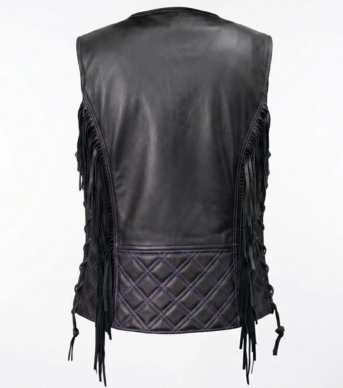 Womens Black and Purple Quilted Fringe Motorcycle Leather Vest back