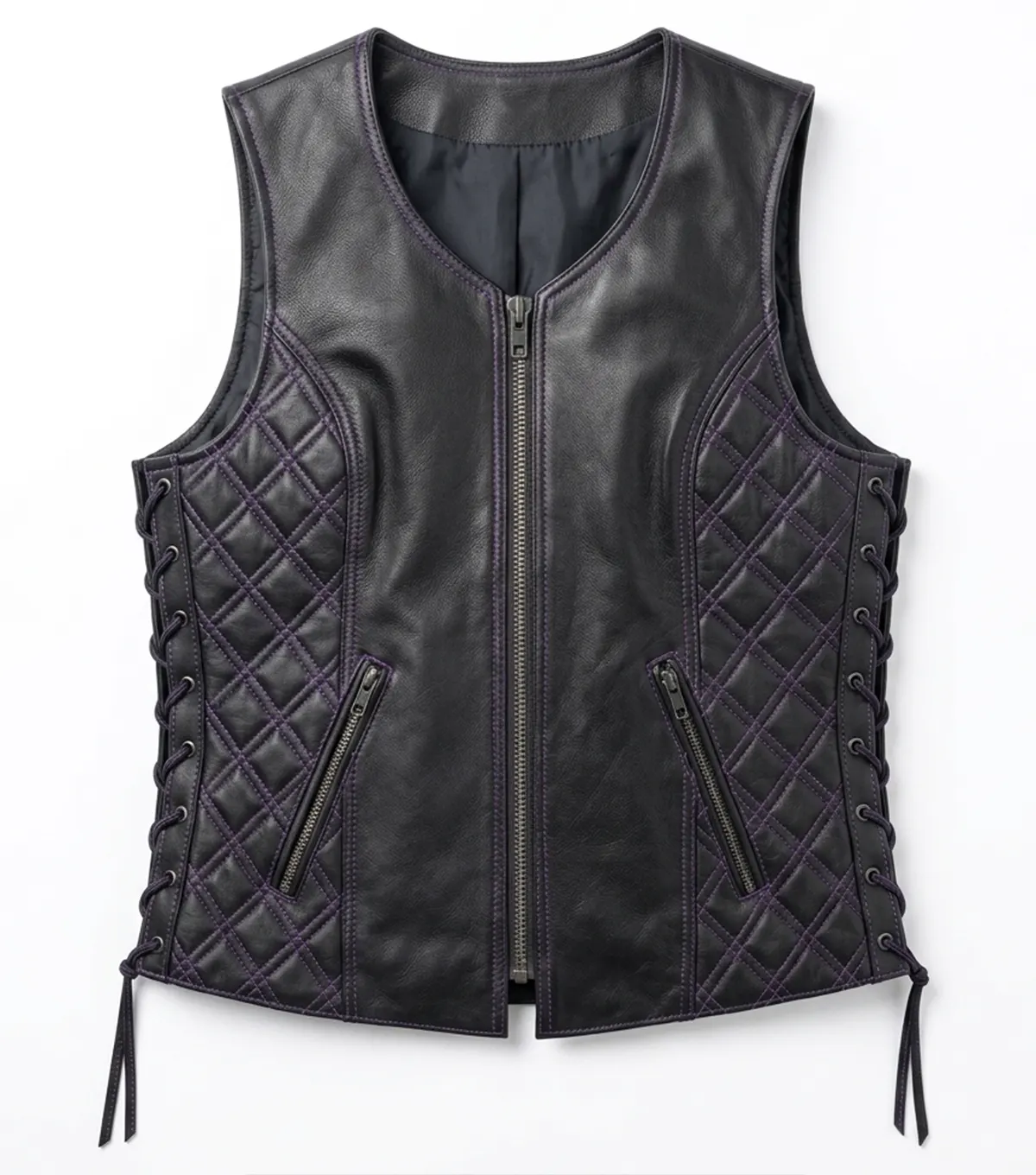 Womens Black and Purple Quilted Fringe Motorcycle Leather Vest front