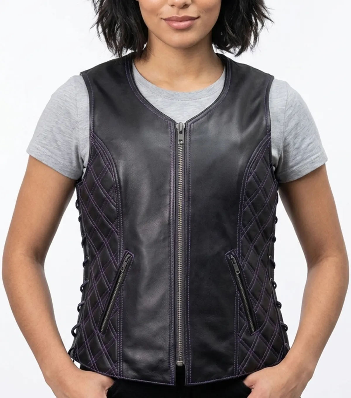 Womens Black and Purple Quilted Fringe Motorcycle Leather Vest