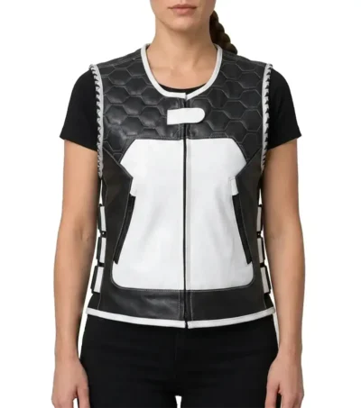 Womens Black and White Quilted Motorcycle Leather Vest